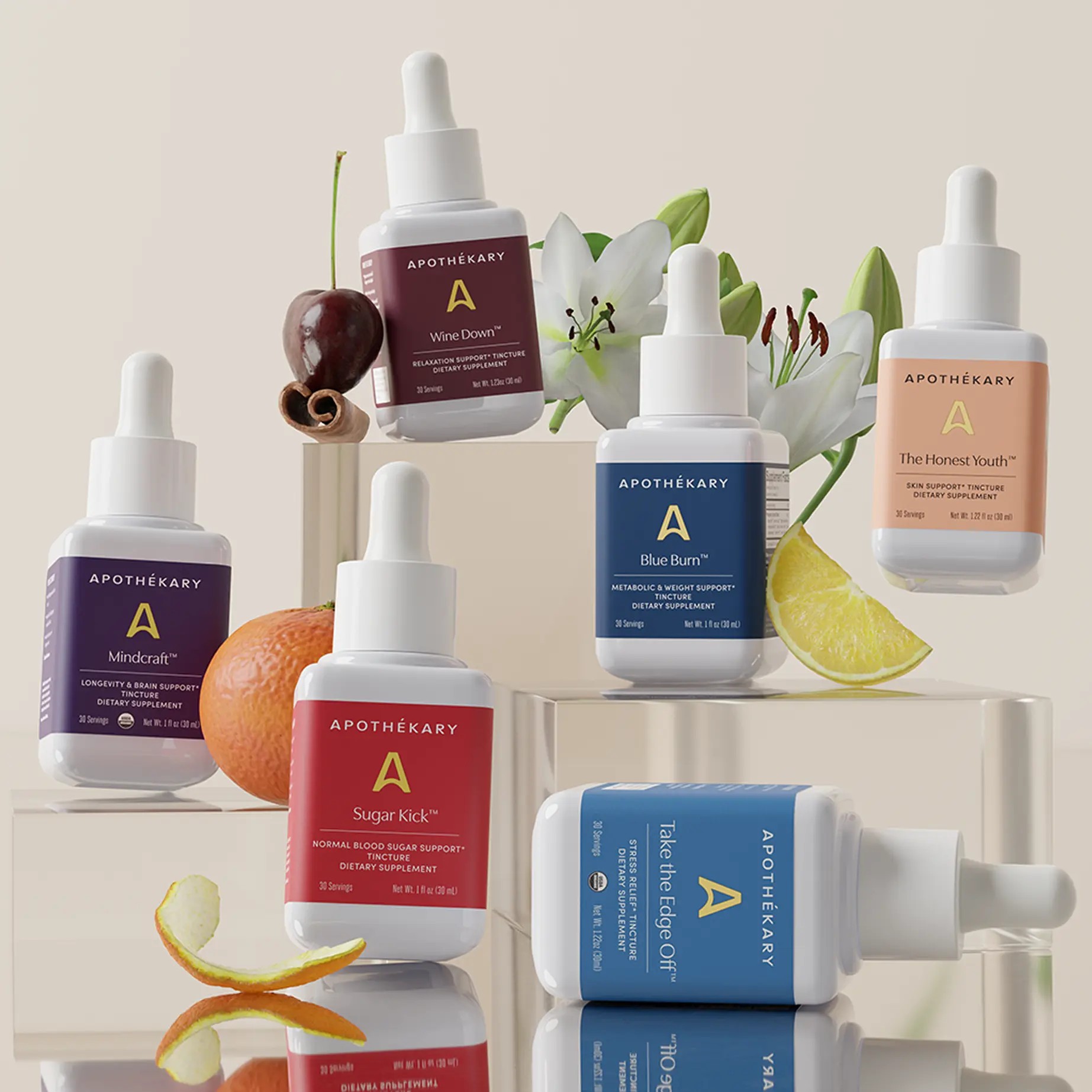 Wooden shelf with gray and olive drab green baseball caps, next to wooden clothes hanger with sweaters.